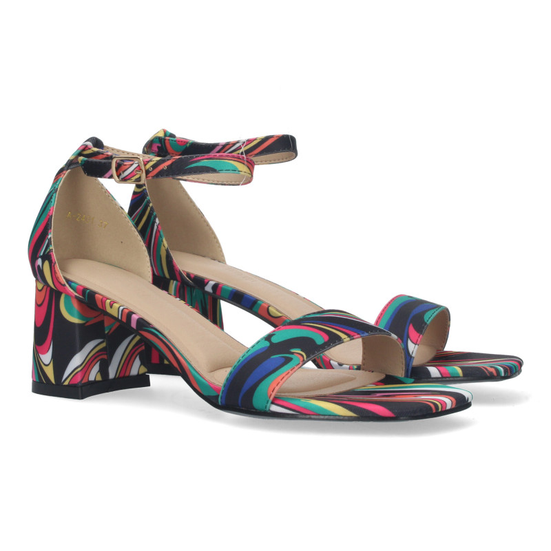 Sandalia de Tacon para Mujer  Comoda  con Pala Fina  y Cierre Ankle Strap de Hebilla  Estampado multicolor.  - 1
